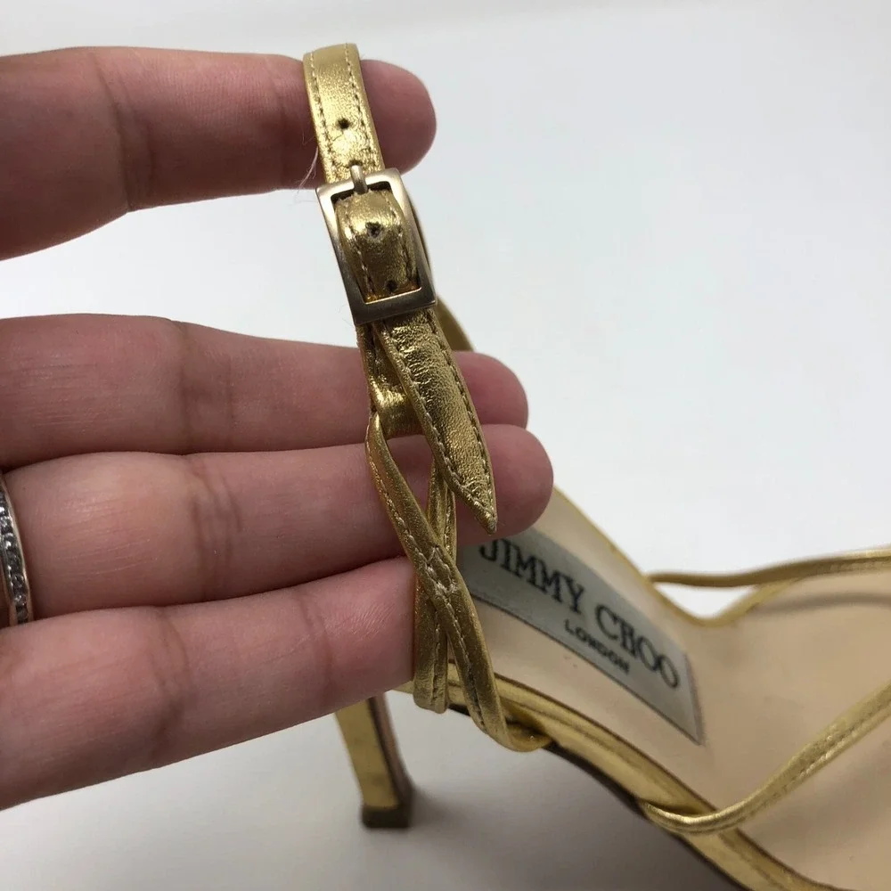 Jimmy Choo Stilletto Heels Womens 35.5 US 5.5 Leather‎ Gold Strappy Slingback